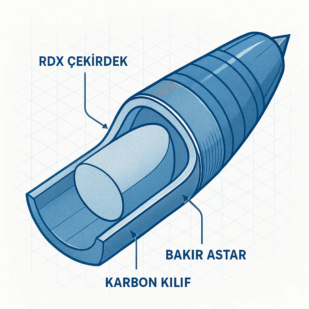 This technical illustration summarizes RDX’s role in the defense industry, specifically in rocket warheads. With a high RE factor (1.60), the RDX core transforms the copper liner into a supersonic jet for enhanced armor-piercing effect; the visual is optimized for engineering training and promotional materials.