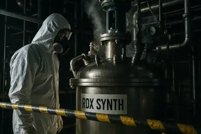 What is RDX Industrial reactor production of RDX demonstrates the importance of process safety. Chemist in protective suit examines a steam-pressure reactor labeled “RDX SYNTH.”
