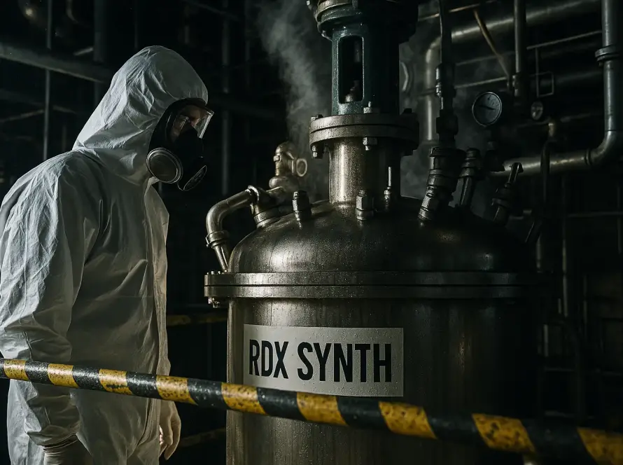 What is RDX Industrial reactor production of RDX demonstrates the importance of process safety. Chemist in protective suit examines a steam-pressure reactor labeled “RDX SYNTH.”