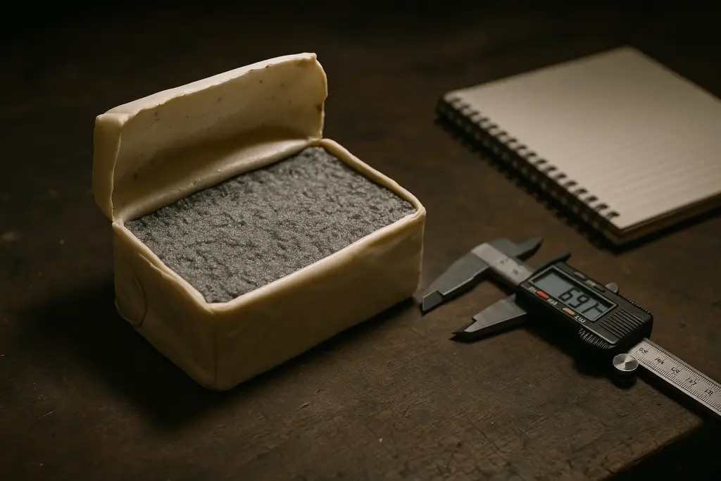 The visual shows precise measurement of a plastic-mixture charge containing high-explosive RDX. The moldable structure underscores RDX’s role in defense applications like precision munitions and EOD; dimensional accuracy is critical for directing the shock wave.