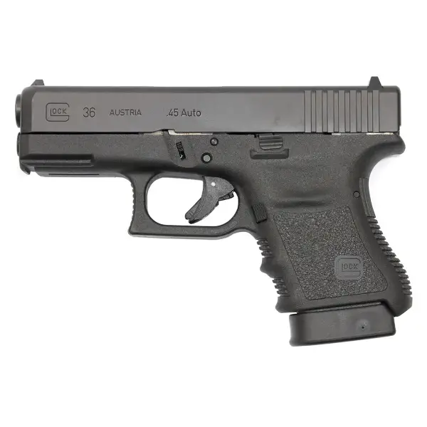 Top view Glock 36 displaying narrow slide, barrel hood and octagonal rifling stamp