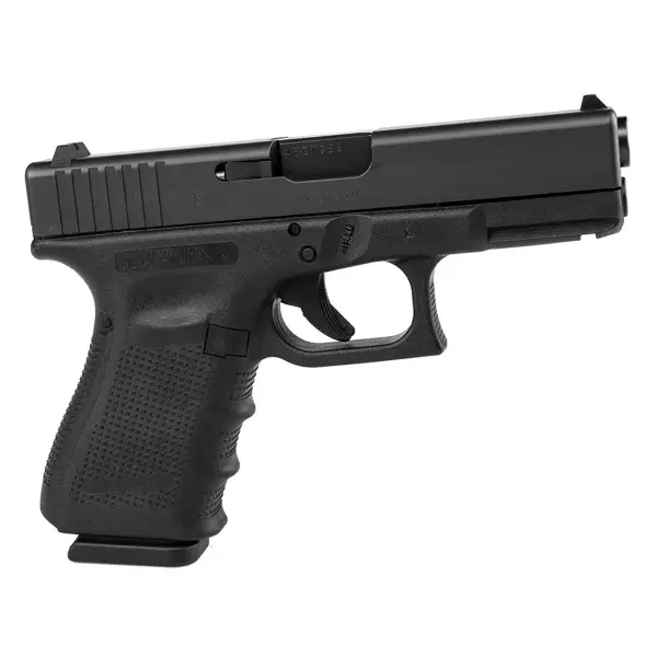 Left-side profile Glock 19 showing slide’s 9 × 19 engraving and forward serrations