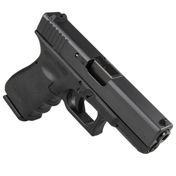 Rear top view Glock 19 highlighting combat sights and textured backstrap