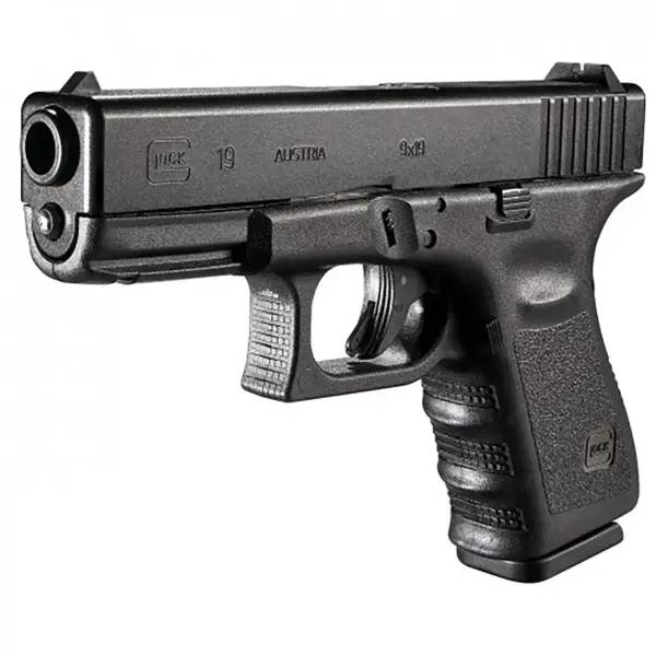 Glock 19 pistol, right-front angle showing compact 9 mm frame and accessory rail