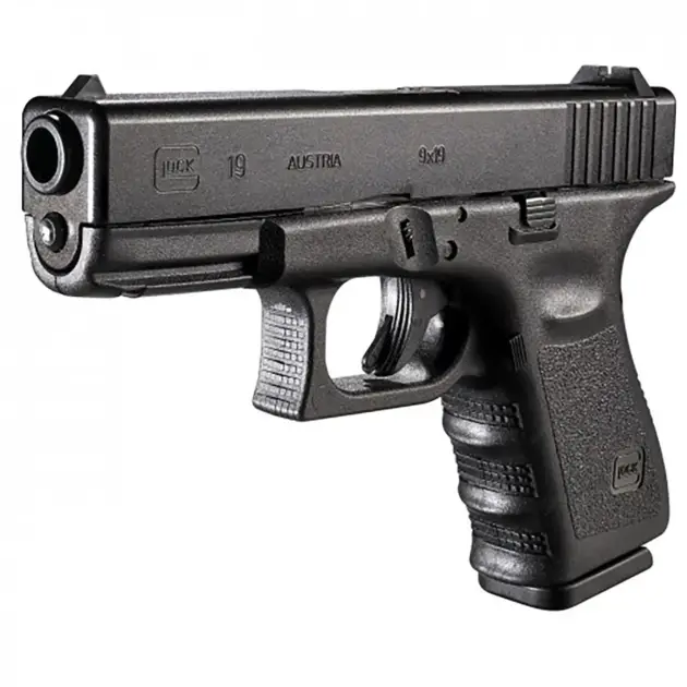 Glock 19 pistol, right-front angle showing compact 9 mm frame and accessory rail
