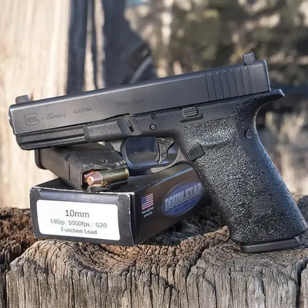 Rear top view of Glock 20 showing adjustable rear sight and beavertail backstrap
