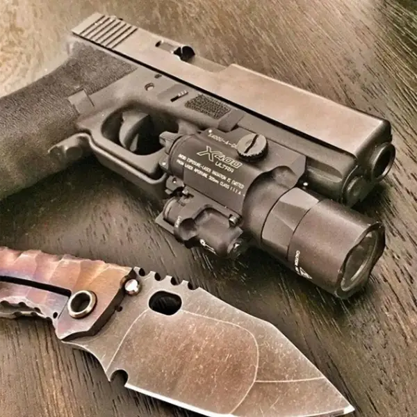 Rear view Glock 21 showing combat rear sight and textured backstrap