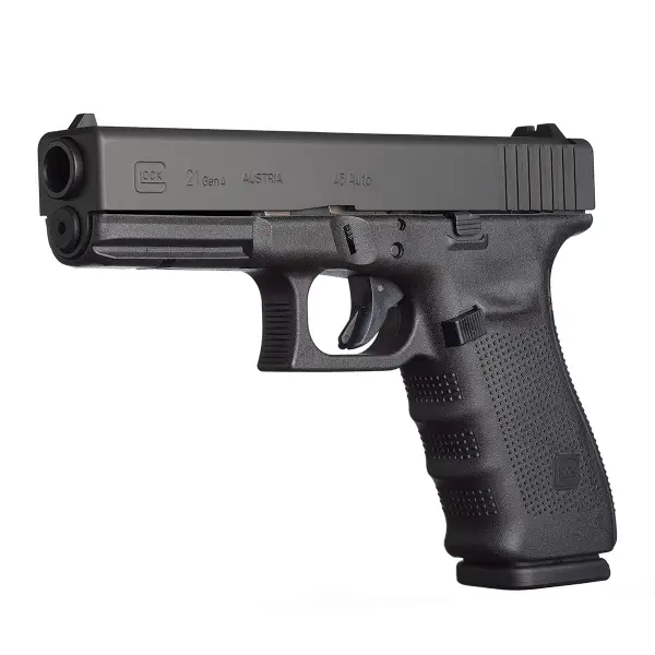 Glock 21 pistol, right-front angle showing full-size .45 ACP frame and rail