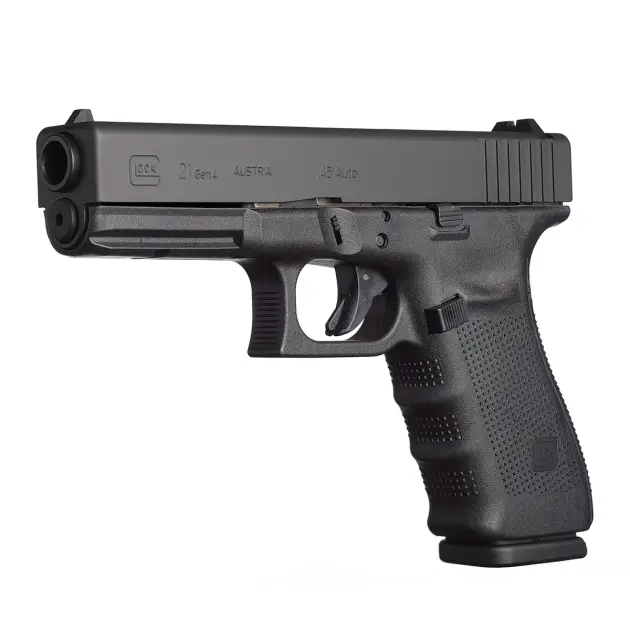 Glock 21 pistol, right-front angle showing full-size .45 ACP frame and rail