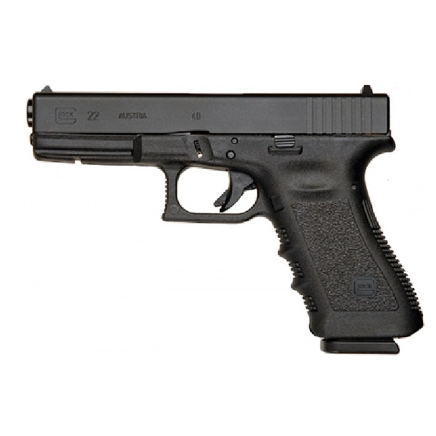Glock 22 with weapon light and 15-round magazine on tactical flat-lay