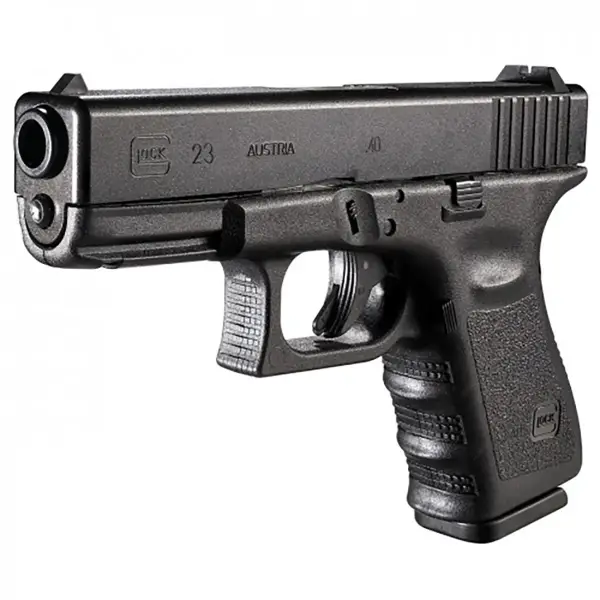 Glock 23 pistol, right-front angle showing compact .40 S&W frame and rail