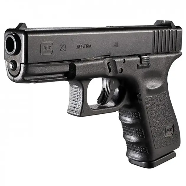 Glock 23 pistol, right-front angle showing compact .40 S&W frame and rail