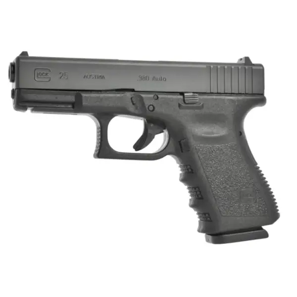 Left-side profile Glock 25 showing slide’s “.380 Auto” engraving and forward serrations
