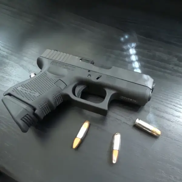EDC flat-lay: Glock 26, spare 10-round mag, pocket light and folding knife
