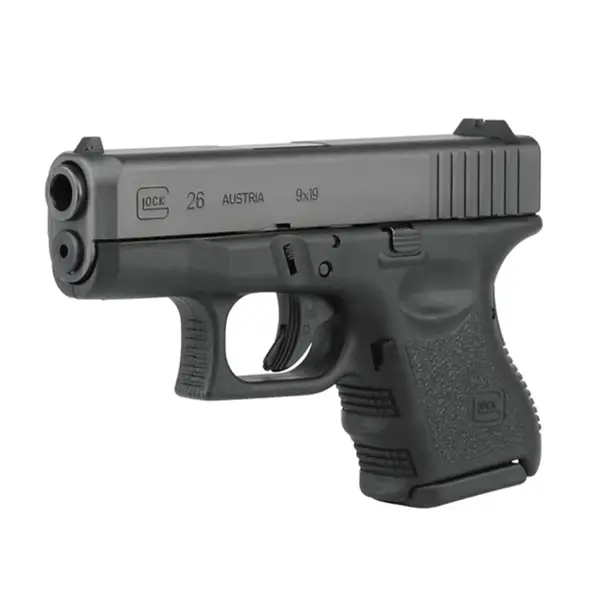 Left-side profile Glock 26 with “9 × 19” engraving and forward serrations