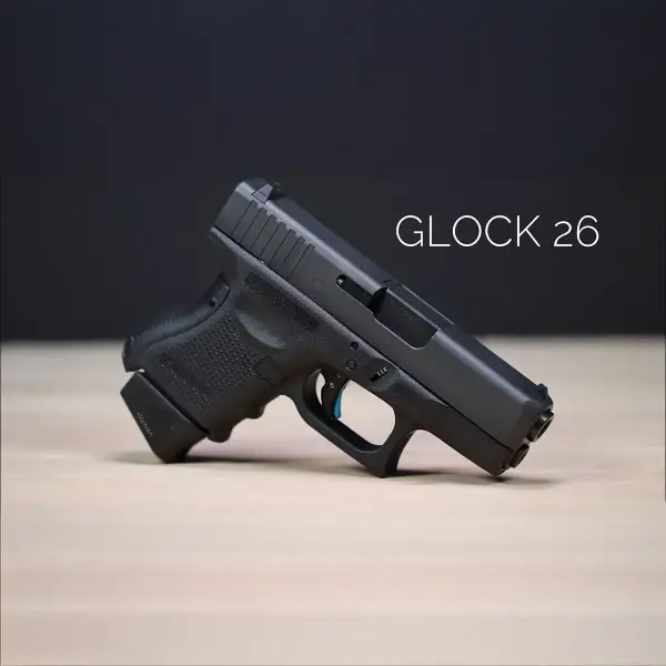 Rear top view Glock 26 highlighting combat sights and textured backstrap