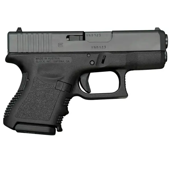 Glock 26 pistol, right-front angle showing sub-compact 9 mm frame and rail