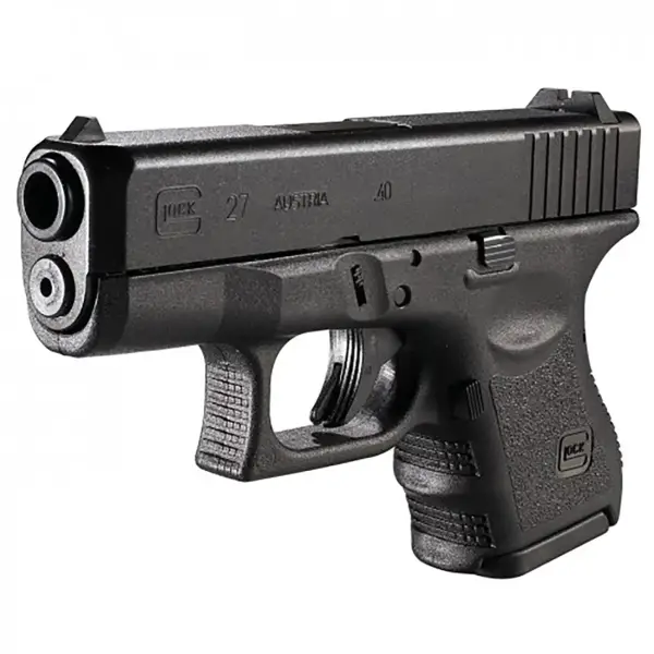 Left-side profile Glock 27 with “.40 S&W” engraving and forward serrations