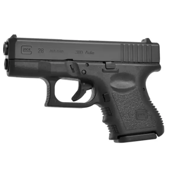 EDC flat-lay: Glock 28, spare 10-round mag, compact flashlight and folding knife