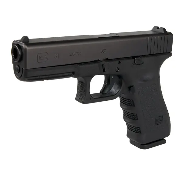 Glock 31 pistol, right-front angled view highlighting full-size frame and accessory rail