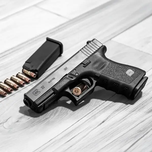 EDC flat-lay: Glock 32, spare magazine, tactical flashlight and folding knife