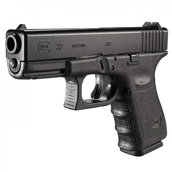 Glock 32 pistol, right-front angle showing compact .357 SIG frame and accessory rail