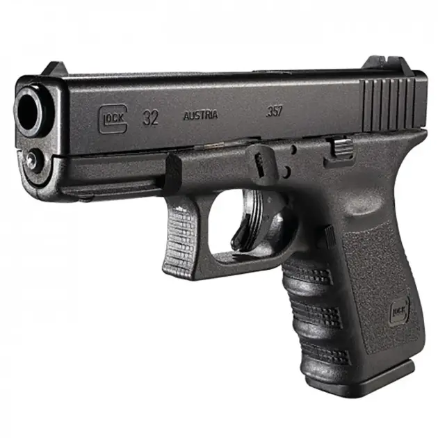 Glock 32 pistol, right-front angle showing compact .357 SIG frame and accessory rail