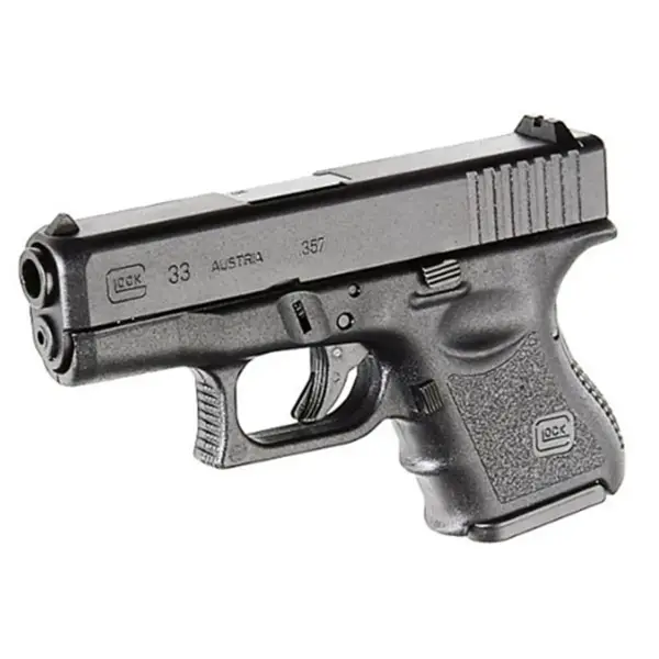 Left-side profile Glock 33 with “.357 SIG” engraving and forward serrations
