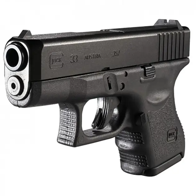 Rear top view Glock 33 highlighting combat sights and textured backstrap
