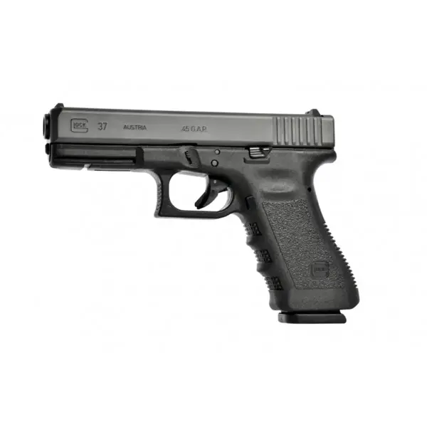 Rear top view Glock 37 highlighting combat rear sight and textured backstrap