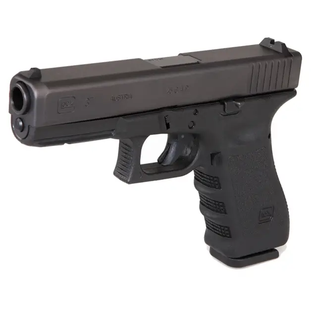 Glock 37 pistol, right-front angle showing compact .45 GAP frame and rail