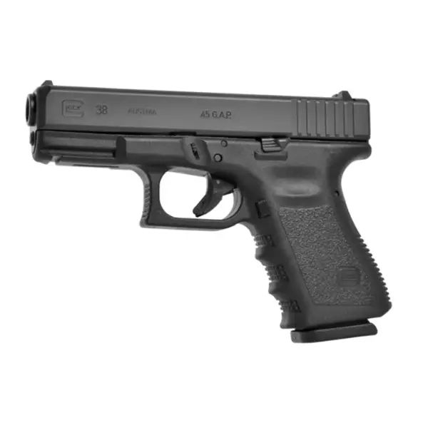 Left-side profile Glock 38 with “.45 GAP” engraving and front serrations