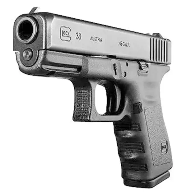 Glock 38 pistol, right-front angle showing compact .45 GAP frame and rail