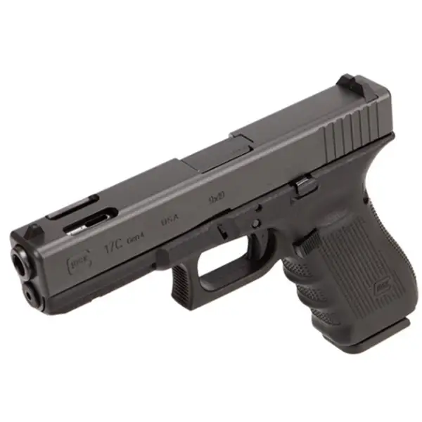 Glock 17C compensated pistol, right-front angled view showing ported slide and polymer frame
