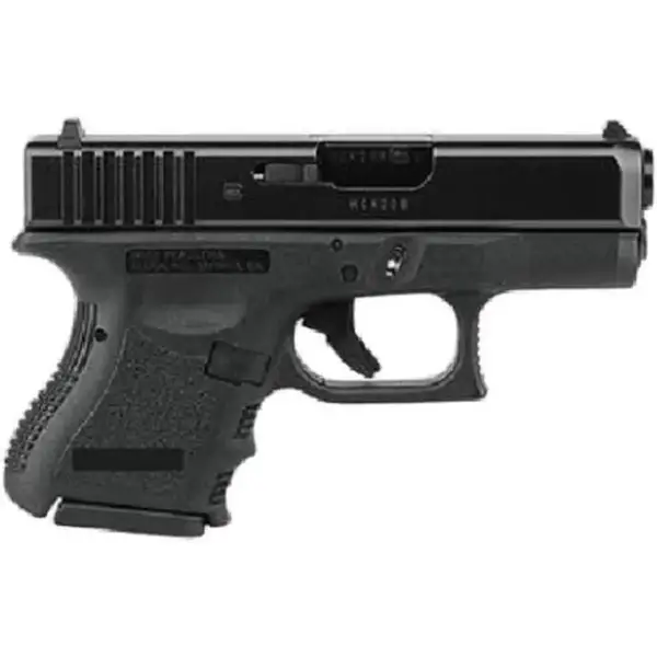 Rear top view Glock 39 highlighting combat sights and textured backstrap
