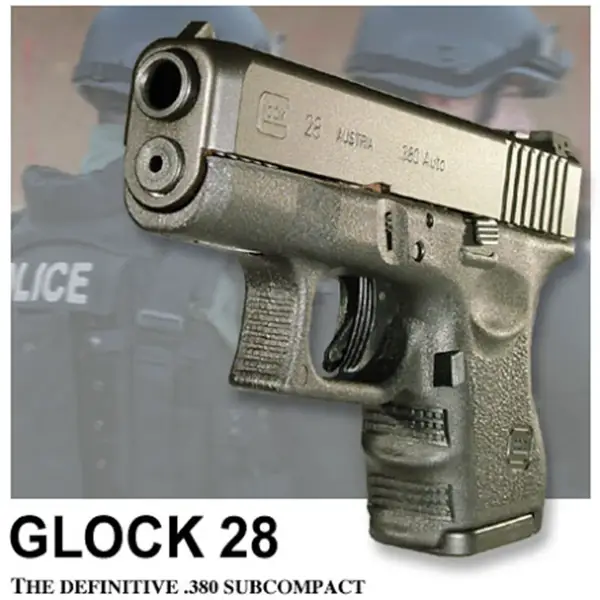 Glock 28 pistol, right-front angle showing sub-compact .380 ACP frame and rail