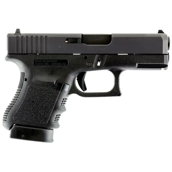 Rear top view Glock 36 highlighting combat sights and textured backstrap