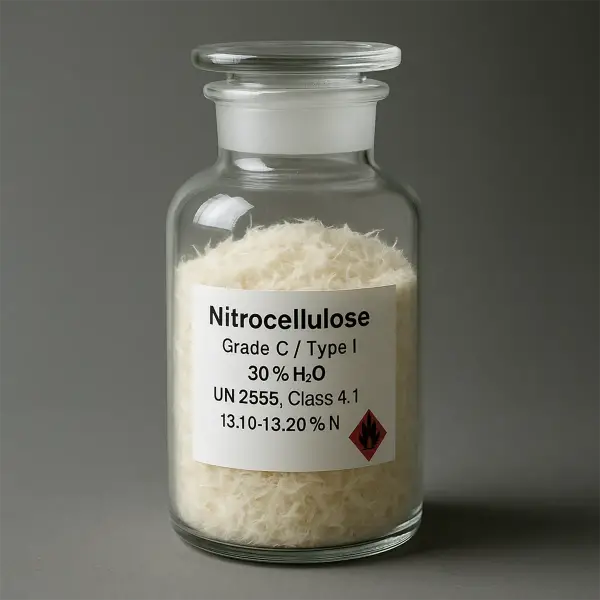 Glass jar two-thirds filled with Grade C nitrocellulose powder; label shows “30 % H₂O, 13.10–13.20 % N, UN 2555 Class 4.1”