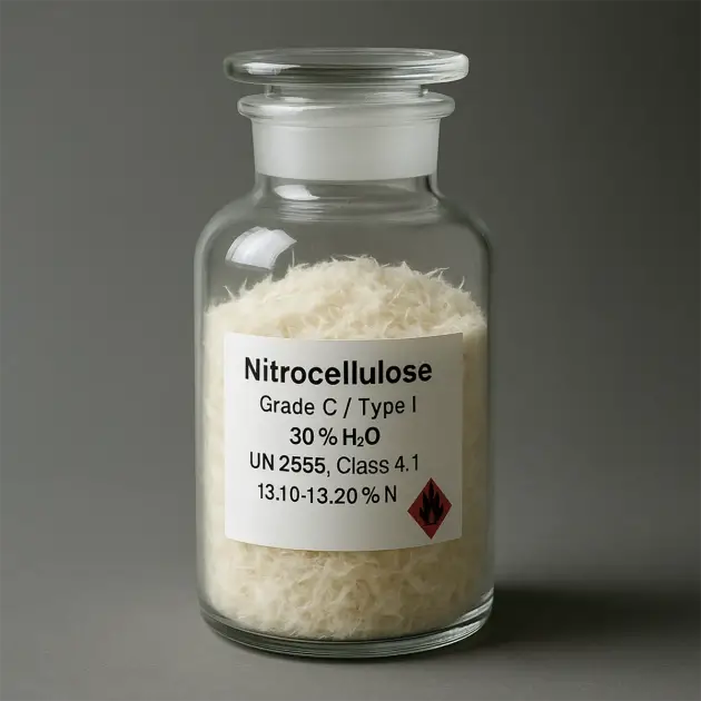 Glass jar two-thirds filled with Grade C nitrocellulose powder; label shows “30 % H₂O, 13.10–13.20 % N, UN 2555 Class 4.1”