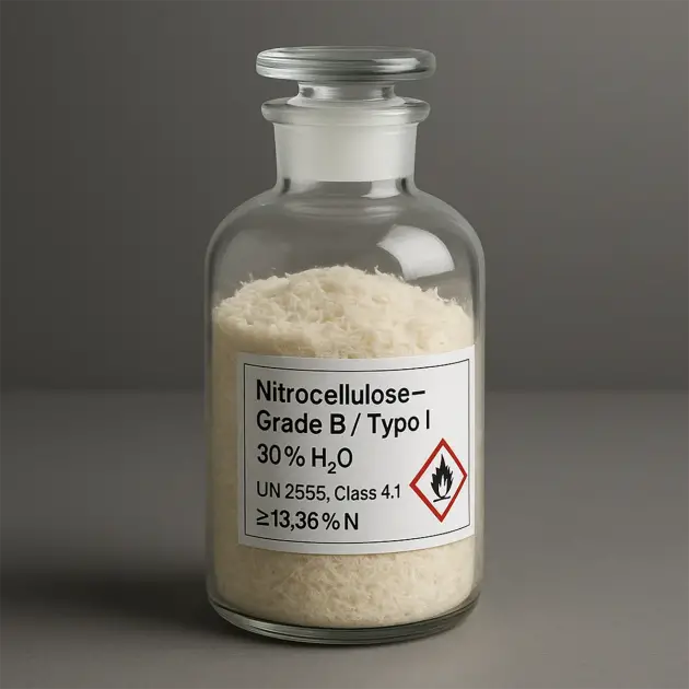 Glass jar two-thirds filled with Grade B nitrocellulose powder; hazard label “UN 2555, Class 4.1, ≥ 13.35 % N” clearly visible