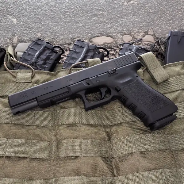 Rear top view Glock 17L highlighting adjustable rear sight and textured backstrap