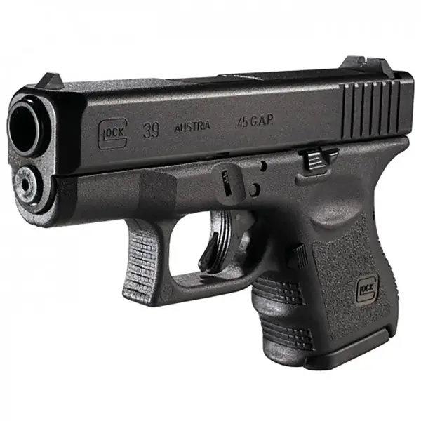 Glock 39 pistol, right-front angle showing micro .45 GAP frame and rail