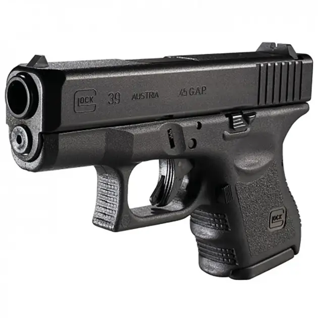 Glock 39 pistol, right-front angle showing micro .45 GAP frame and rail