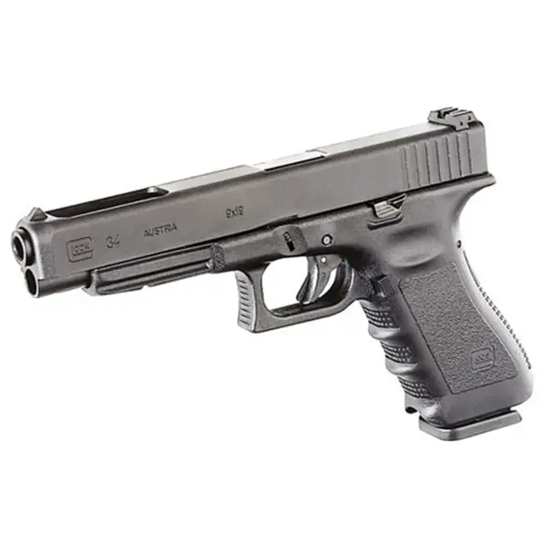 Outdoor shot: Glock 34 on shooting bench with target stand and ammo in background