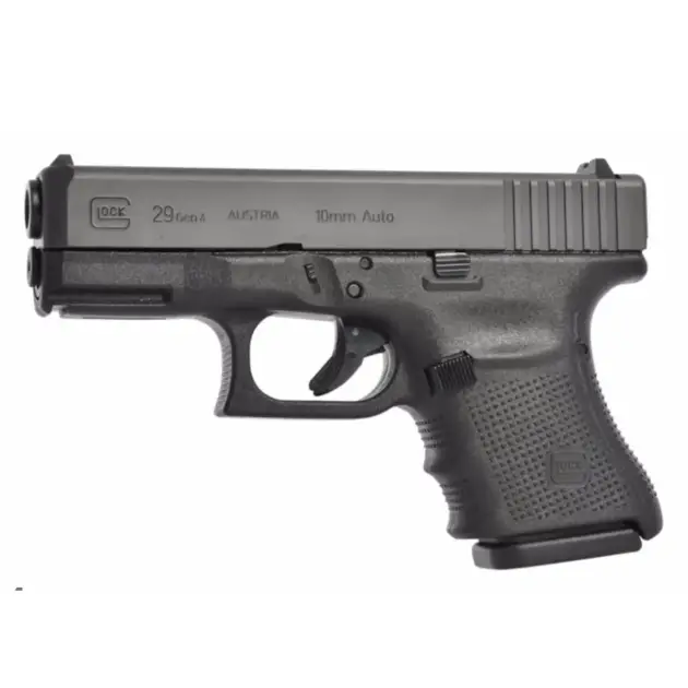 Glock 29 pistol, right-front angle showing sub-compact 10 mm frame and rail