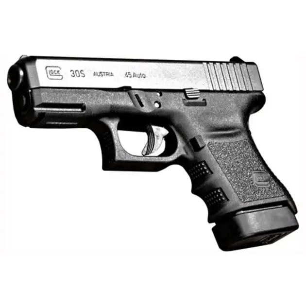 Glock 30 pistol, right-front angle showing sub-compact .45 ACP frame and rail