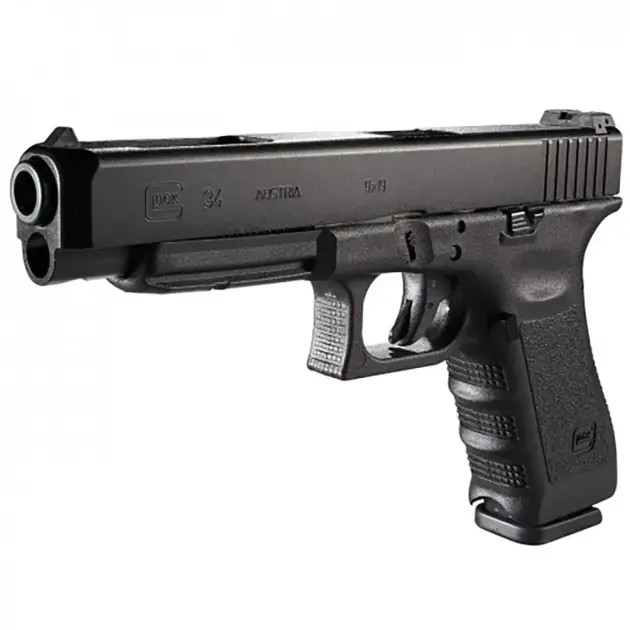 Glock 34 pistol, right-front angle showing long-slide 9 mm frame and accessory rail