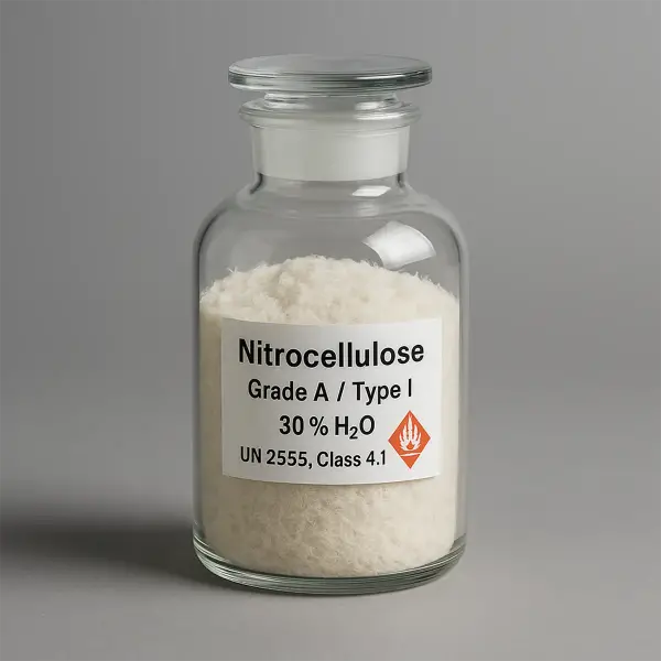 Glass jar two-thirds filled with water-wetted Grade A nitrocellulose powder, white hazard label visible