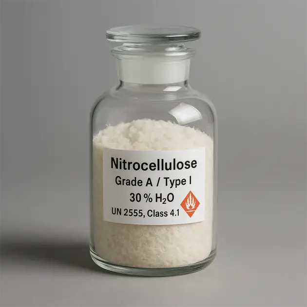 Glass jar two-thirds filled with water-wetted Grade A nitrocellulose powder, white hazard label visible