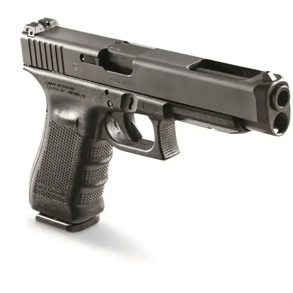 Rear top view Glock 34 showing adjustable rear sight, textured backstrap and beavertail